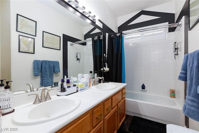 full bath with shower / bathtub combination, double vanity, and a sink