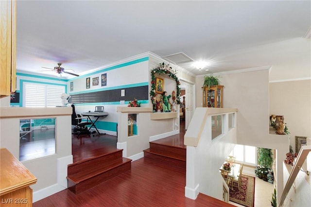 interior space featuring ornamental molding, plenty of natural light, wood finished floors, and baseboards