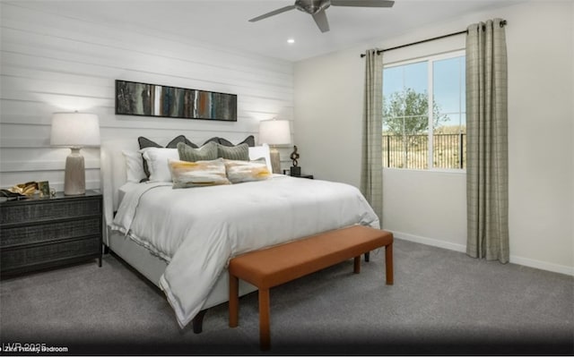 carpeted bedroom featuring ceiling fan, baseboards, and recessed lighting