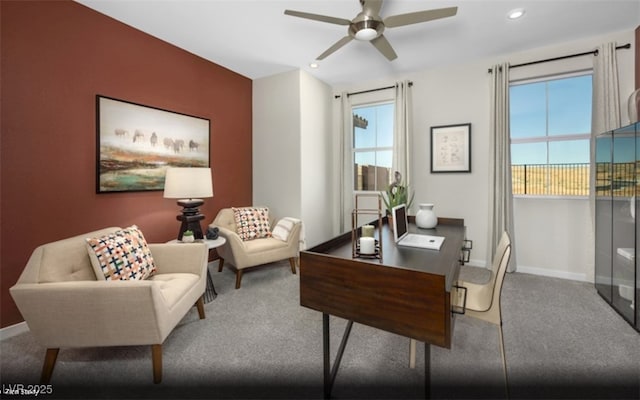 carpeted office featuring ceiling fan, baseboards, and recessed lighting