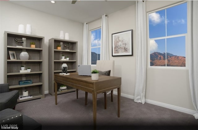 home office with plenty of natural light, carpet, and baseboards