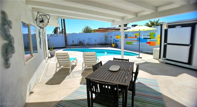 view of pool featuring a fenced in pool, a fenced backyard, and a patio