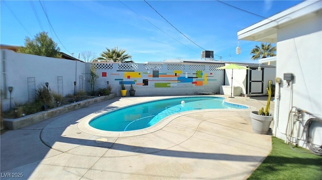 view of pool featuring central AC, a patio, a fenced backyard, and a fenced in pool