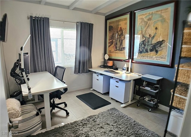 home office featuring beam ceiling, light tile patterned flooring, and baseboards