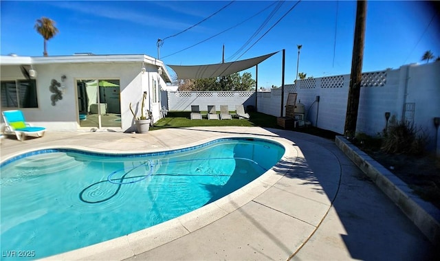 view of swimming pool with a patio area, a fenced backyard, and a fenced in pool