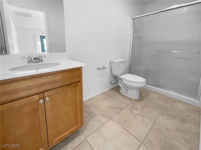 full bathroom with visible vents, toilet, a shower stall, vanity, and tile patterned floors