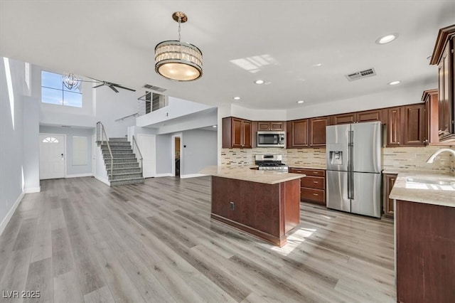 kitchen with visible vents, appliances with stainless steel finishes, open floor plan, a peninsula, and a sink