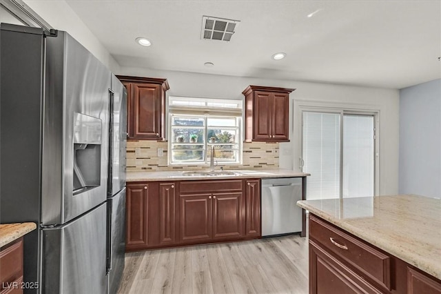 kitchen featuring light wood finished floors, stainless steel appliances, visible vents, backsplash, and a sink