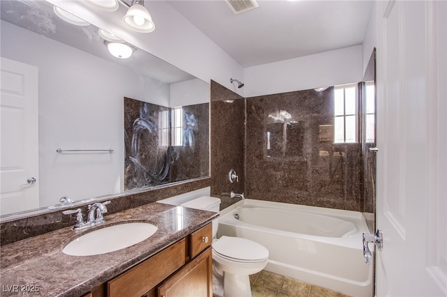 bathroom with shower / bathtub combination, visible vents, toilet, vanity, and tile patterned flooring