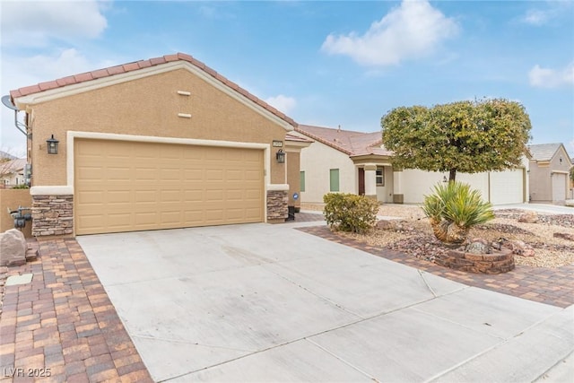 single story home with stone siding, stucco siding, and a tiled roof