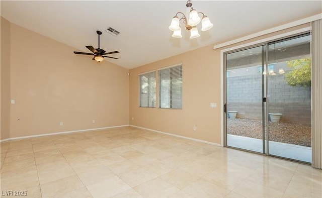 empty room with lofted ceiling, baseboards, visible vents, and ceiling fan with notable chandelier