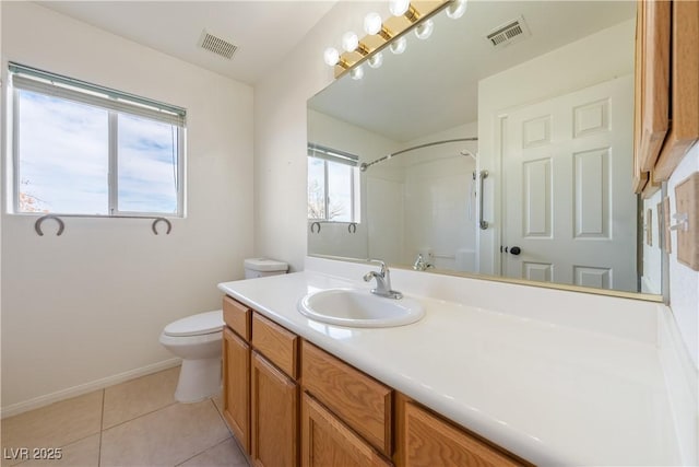 full bath featuring toilet, tile patterned flooring, visible vents, and vanity