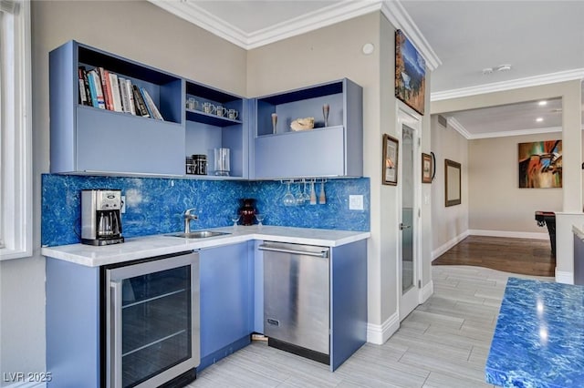 kitchen with open shelves, wine cooler, light countertops, and stainless steel dishwasher