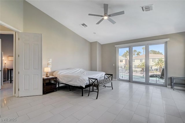 bedroom featuring access to exterior, visible vents, high vaulted ceiling, and a ceiling fan