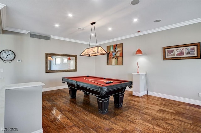 playroom featuring dark wood-style floors, visible vents, crown molding, and pool table