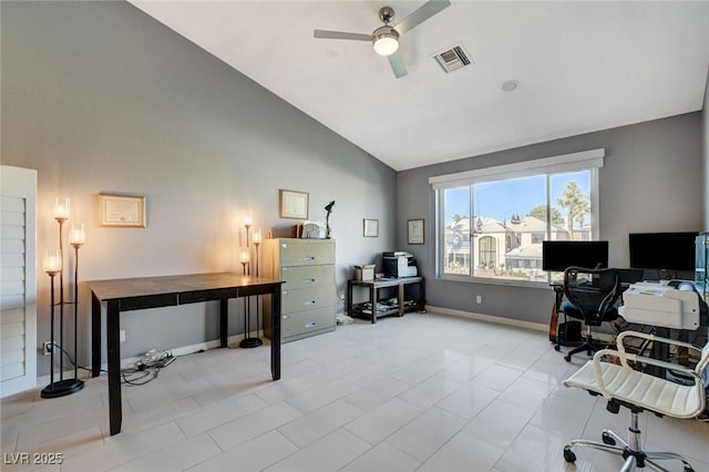 office space with ceiling fan, high vaulted ceiling, visible vents, and baseboards