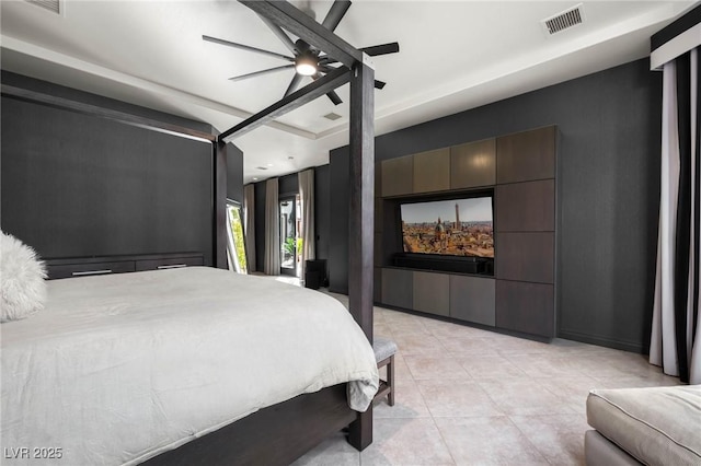 bedroom with a ceiling fan, visible vents, and light tile patterned flooring