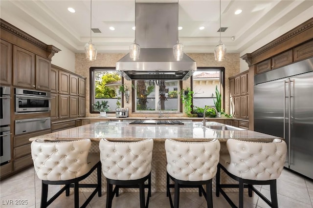 kitchen with a large island, light stone counters, island exhaust hood, a tray ceiling, and stainless steel appliances