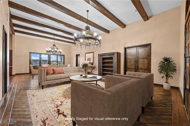 living room featuring a chandelier, dark wood-style flooring, beamed ceiling, and baseboards