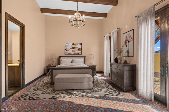 carpeted bedroom with beam ceiling, ensuite bathroom, a chandelier, access to outside, and baseboards