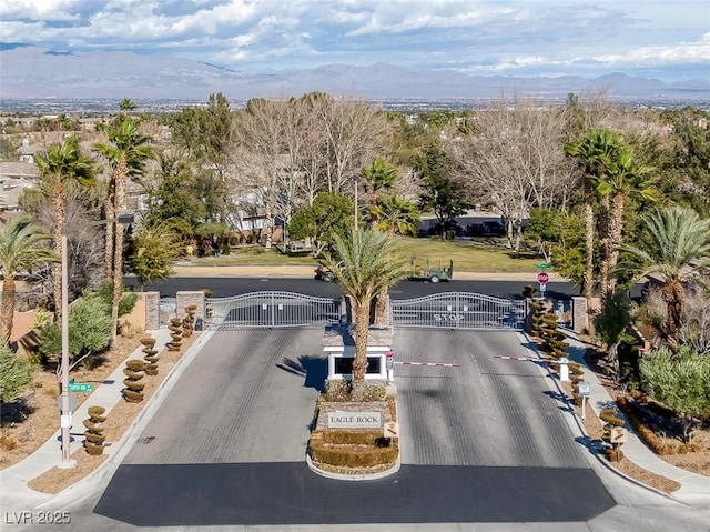 view of street with a mountain view, a gated entry, and a gate