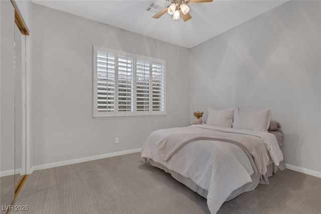 bedroom with a ceiling fan, light colored carpet, visible vents, and baseboards