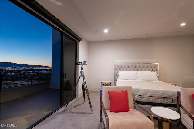 bedroom with carpet floors, recessed lighting, a mountain view, and baseboards