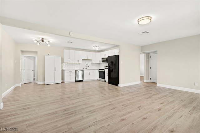 unfurnished living room featuring visible vents, a sink, light wood-style flooring, and baseboards