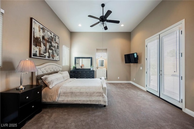 carpeted bedroom featuring recessed lighting, a ceiling fan, and baseboards