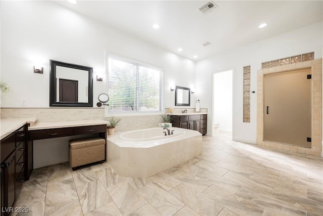 full bath with recessed lighting, visible vents, toilet, a shower stall, and a bath