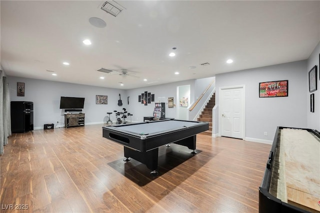 game room with light wood-type flooring, baseboards, visible vents, and recessed lighting