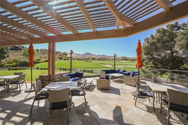 view of patio / terrace with outdoor lounge area, outdoor dining space, a mountain view, a pergola, and view of golf course