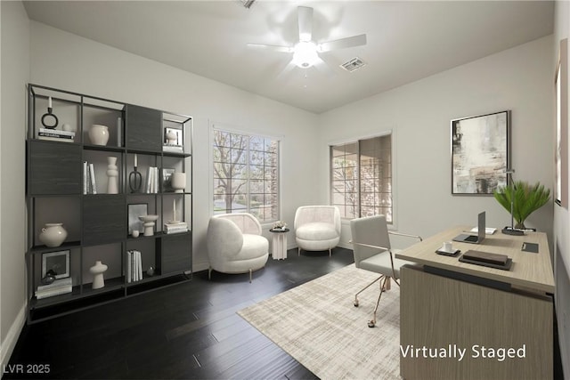 office space featuring a ceiling fan, dark wood-style flooring, visible vents, and baseboards