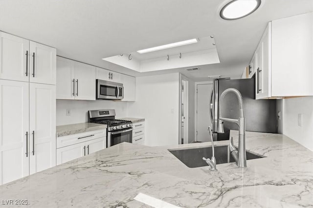 kitchen with a tray ceiling, light stone countertops, appliances with stainless steel finishes, and white cabinetry