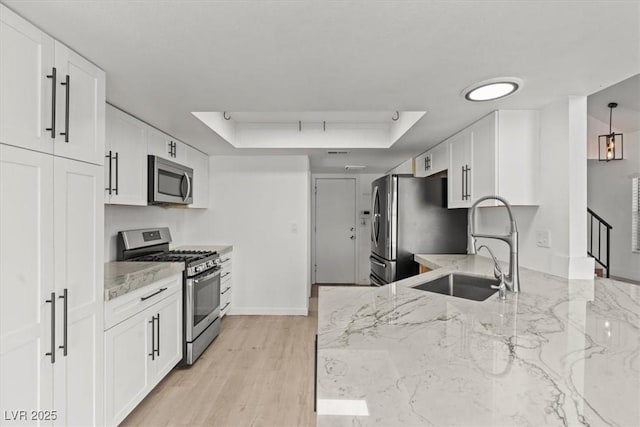 kitchen featuring a sink, a raised ceiling, appliances with stainless steel finishes, and white cabinets