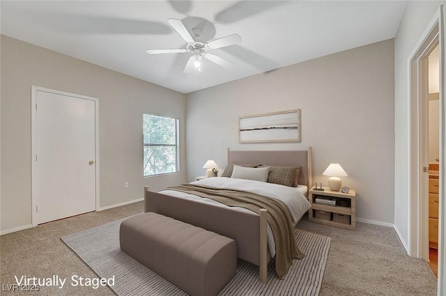 bedroom with light carpet, ceiling fan, and baseboards