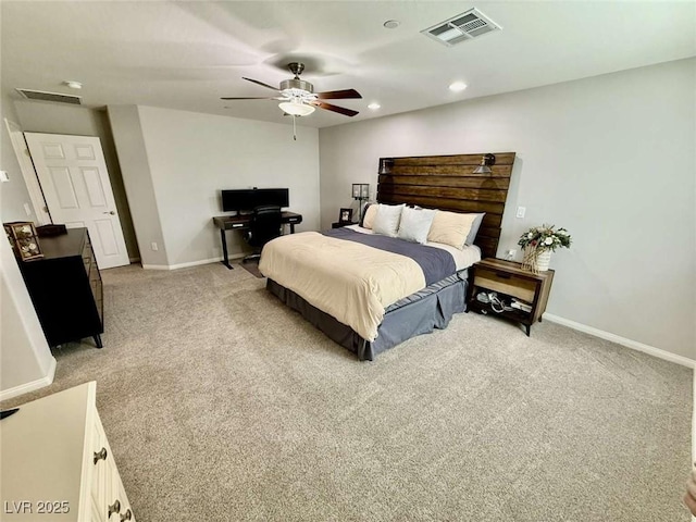 bedroom with light carpet, baseboards, visible vents, and recessed lighting