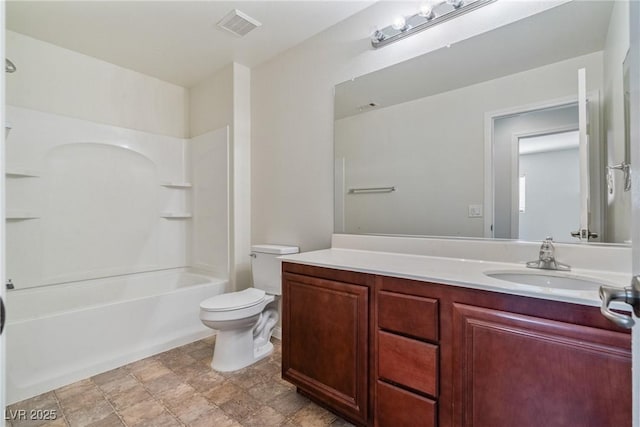 bathroom with toilet, shower / bathtub combination, visible vents, and vanity