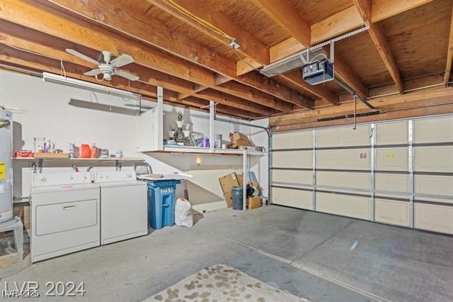 garage with gas water heater, washing machine and dryer, a ceiling fan, and a garage door opener