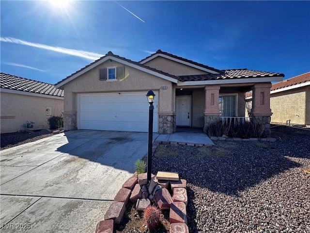 view of front of property featuring an attached garage, a tile roof, stone siding, driveway, and stucco siding