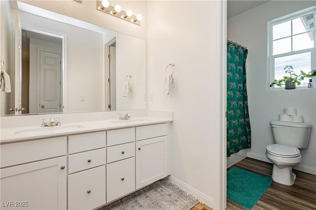 bathroom with double vanity, wood finished floors, a sink, and baseboards