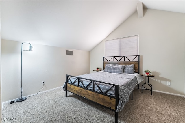 carpeted bedroom with lofted ceiling with beams, baseboards, and visible vents