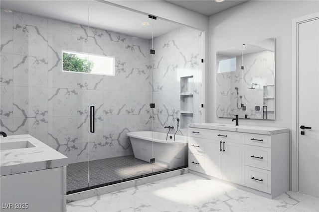 full bath featuring two vanities, a freestanding bath, a sink, and a marble finish shower