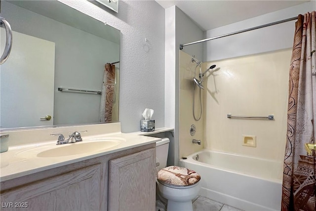 full bath with shower / bath combo with shower curtain, vanity, and toilet