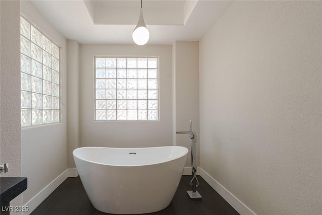 bathroom with a tray ceiling, a freestanding tub, and baseboards