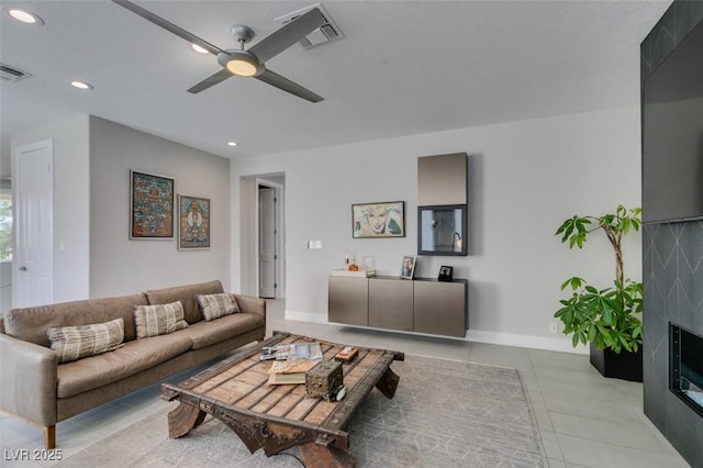 7999 Pinnacle Peak Ave, Las Vegas, NV 89113 - tiled living room featuring a ceiling fan, recessed lighting, and baseboards