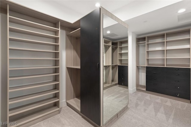 spacious closet featuring light colored carpet