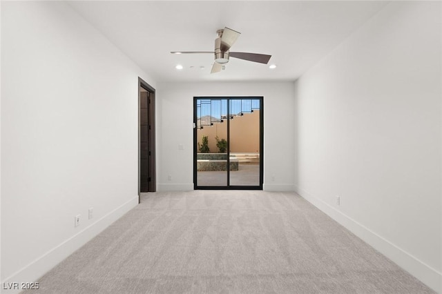 unfurnished room featuring recessed lighting, baseboards, ceiling fan, and light colored carpet