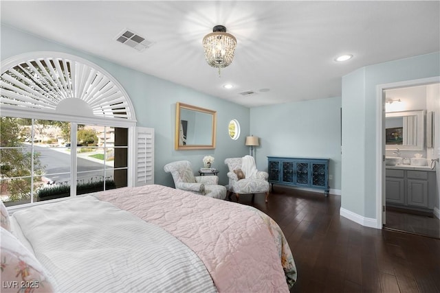 bedroom featuring dark wood-type flooring, recessed lighting, visible vents, and baseboards