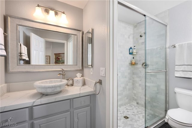 full bathroom featuring a shower stall, toilet, and vanity